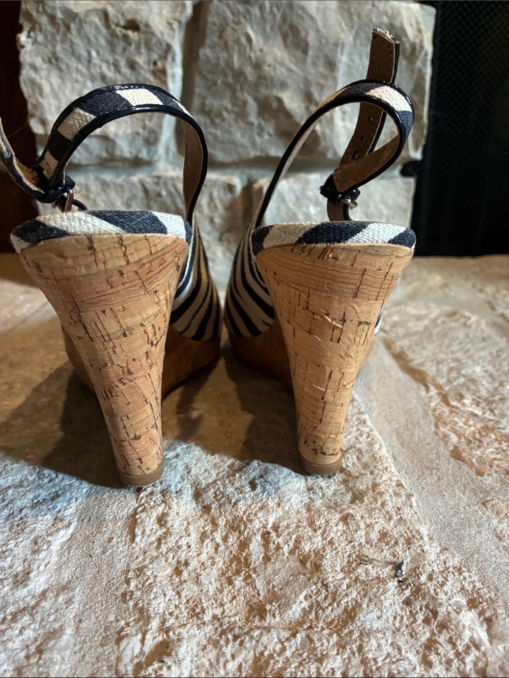 Ann Taylor Navy & Cream Striped Peep-Toe Slingback Heels - Picture 3 of 5